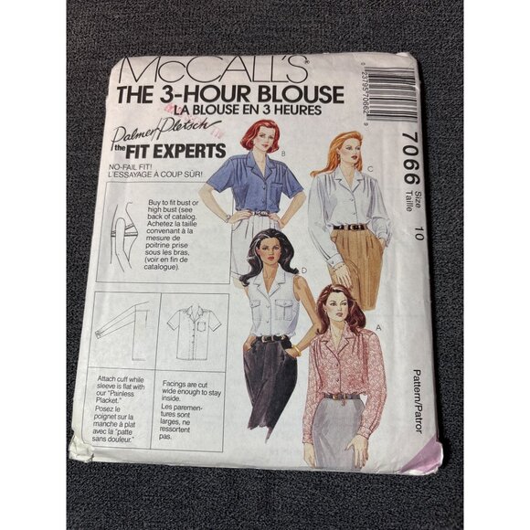 McCalls 7066 3-Hour Blouse Sewing Pattern Size 10 1994 Design Uncut Palmer/Plets - Picture 5 of 5